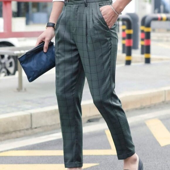 Green Preppy Men's Grid Tailored Pants - Picture 7 of 8